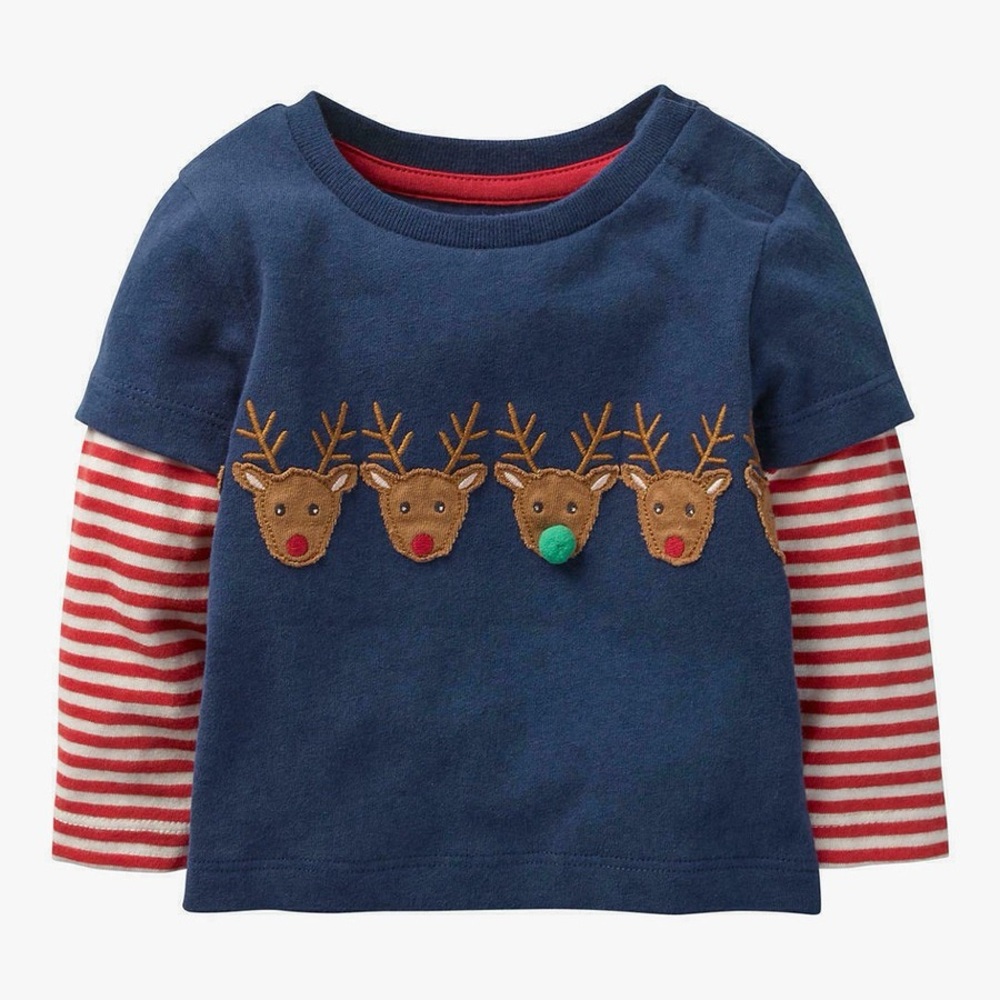Baby Boden Long Sleeve Top with Reindeer Pom Pom Applique